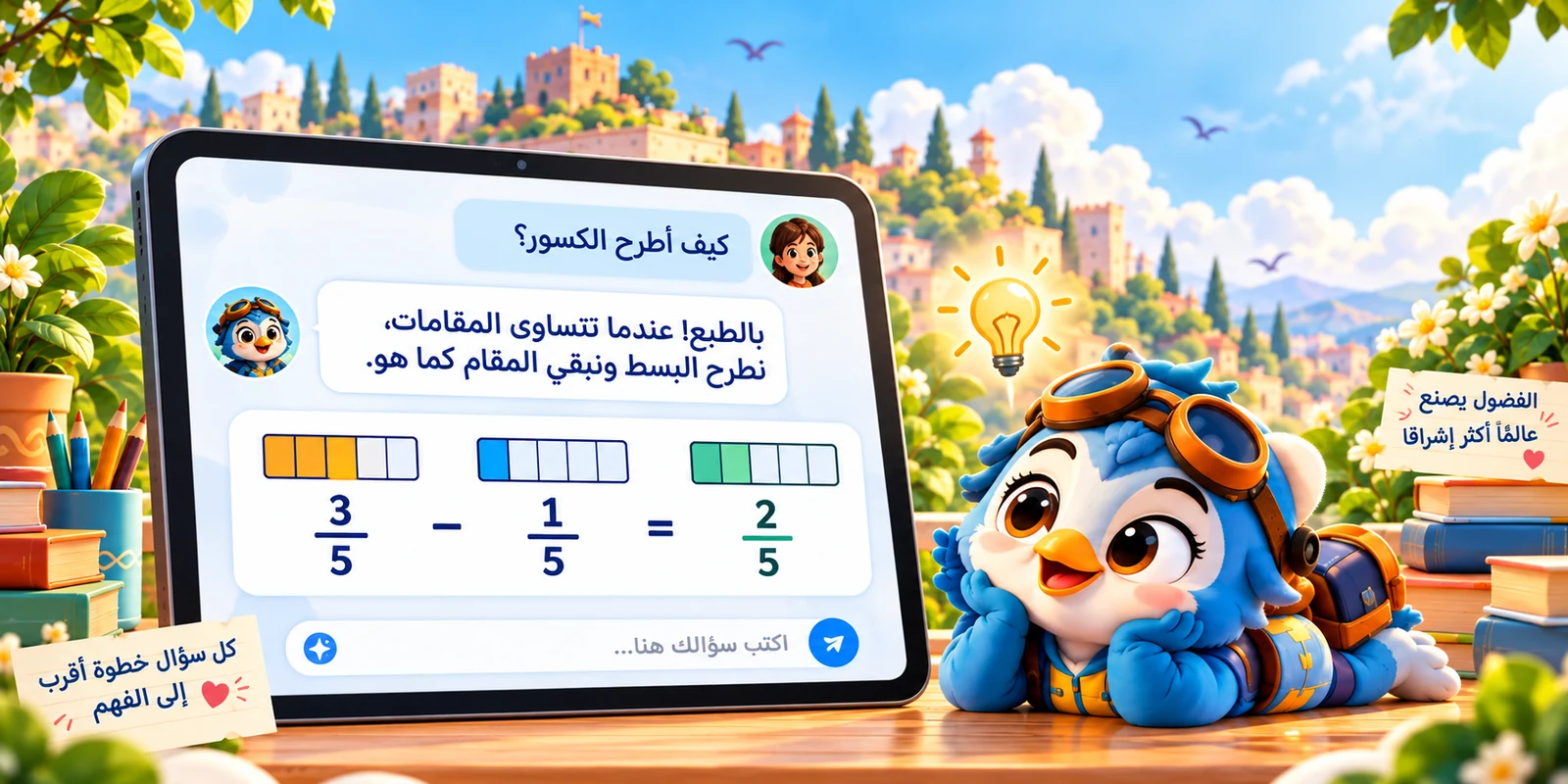 Static Arabic illustration: a student asks Sanfour how to subtract fractions. Sanfour explains that with the same denominator, subtract the numerators and keep the denominator. Example: 3/5 − 1/5 = 2/5.